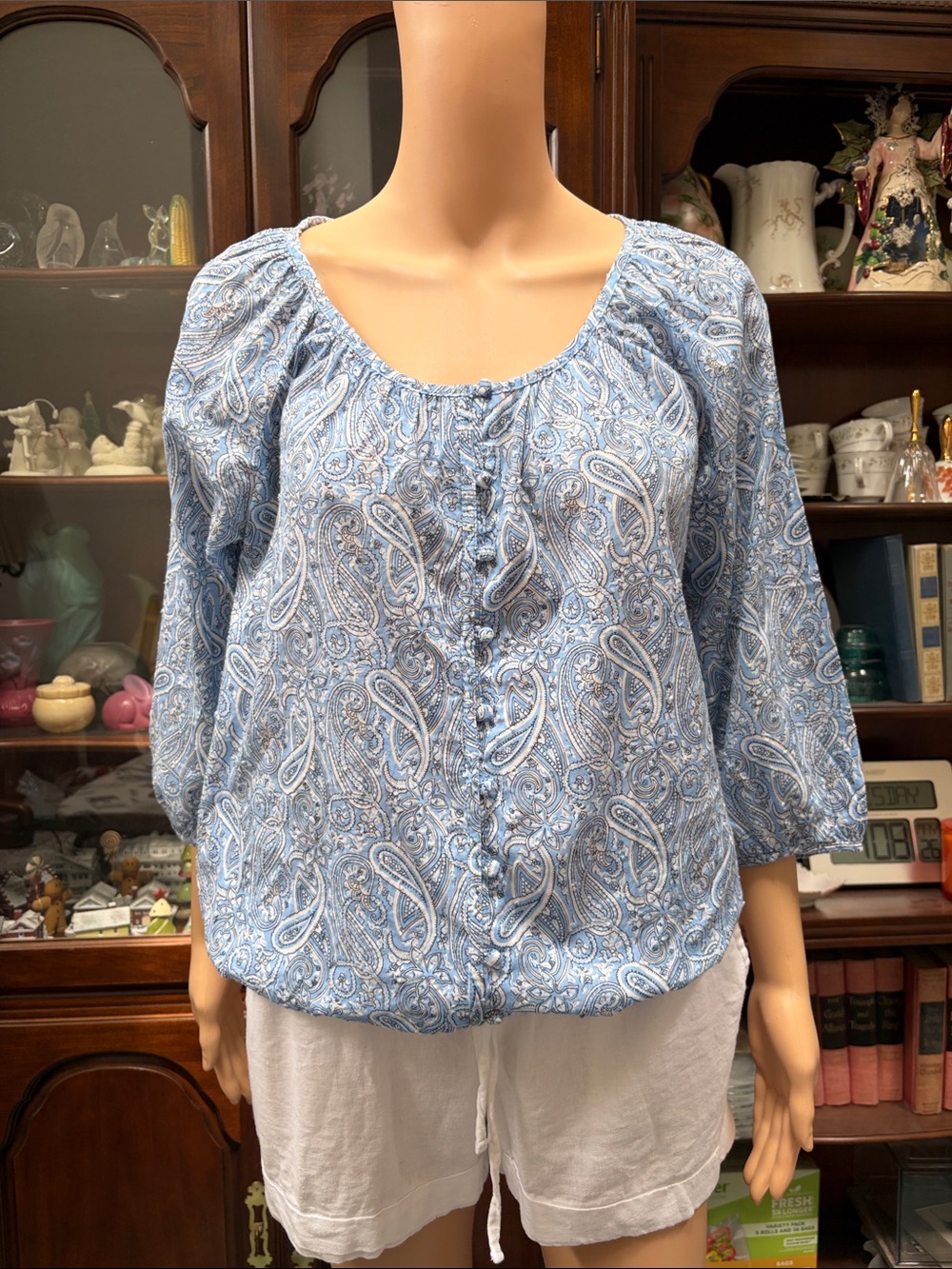 St. John's Bay Light Blue Paisley Button-Front Blouse